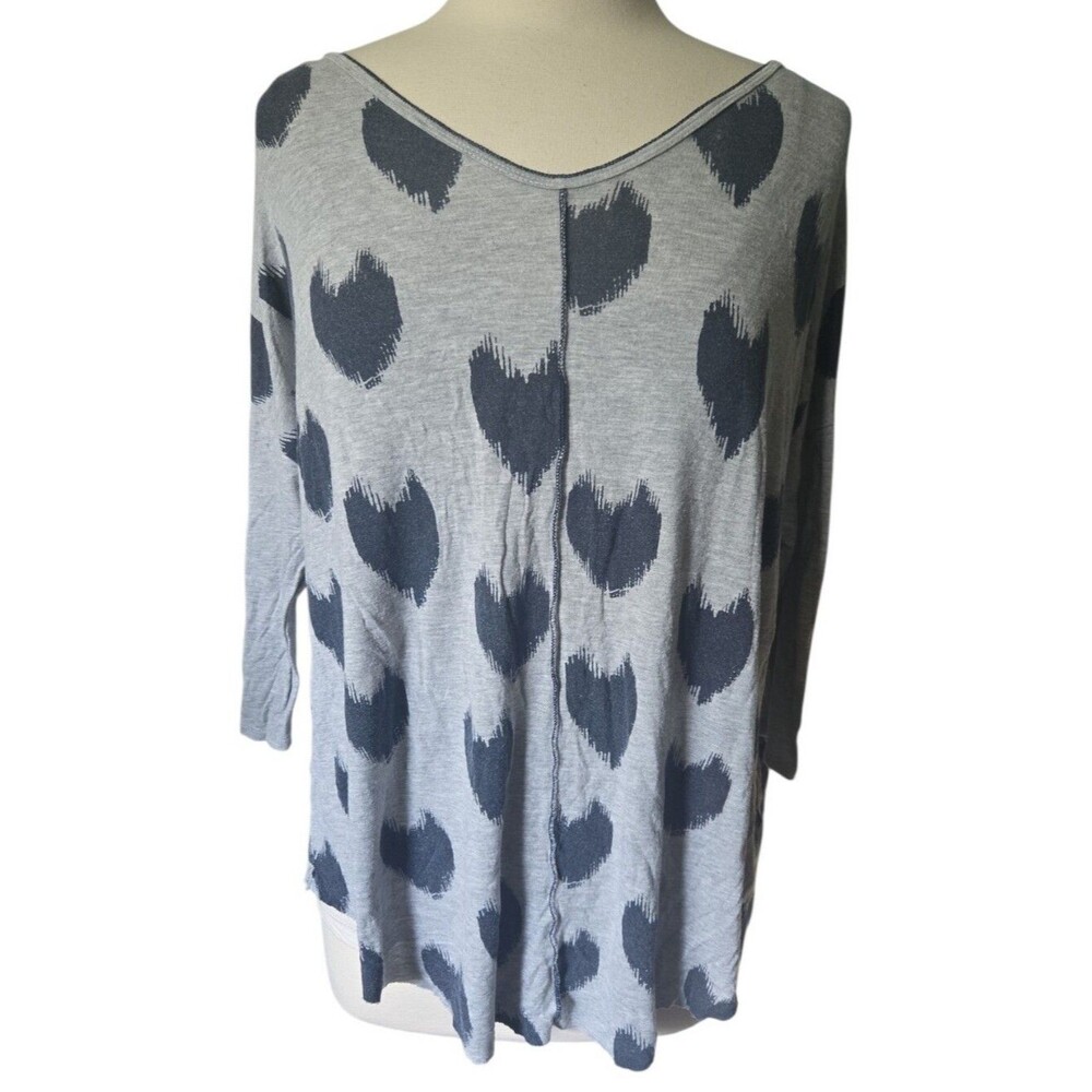 Edista Grey & Blue Heart Print V-Neck Blouse - 1X